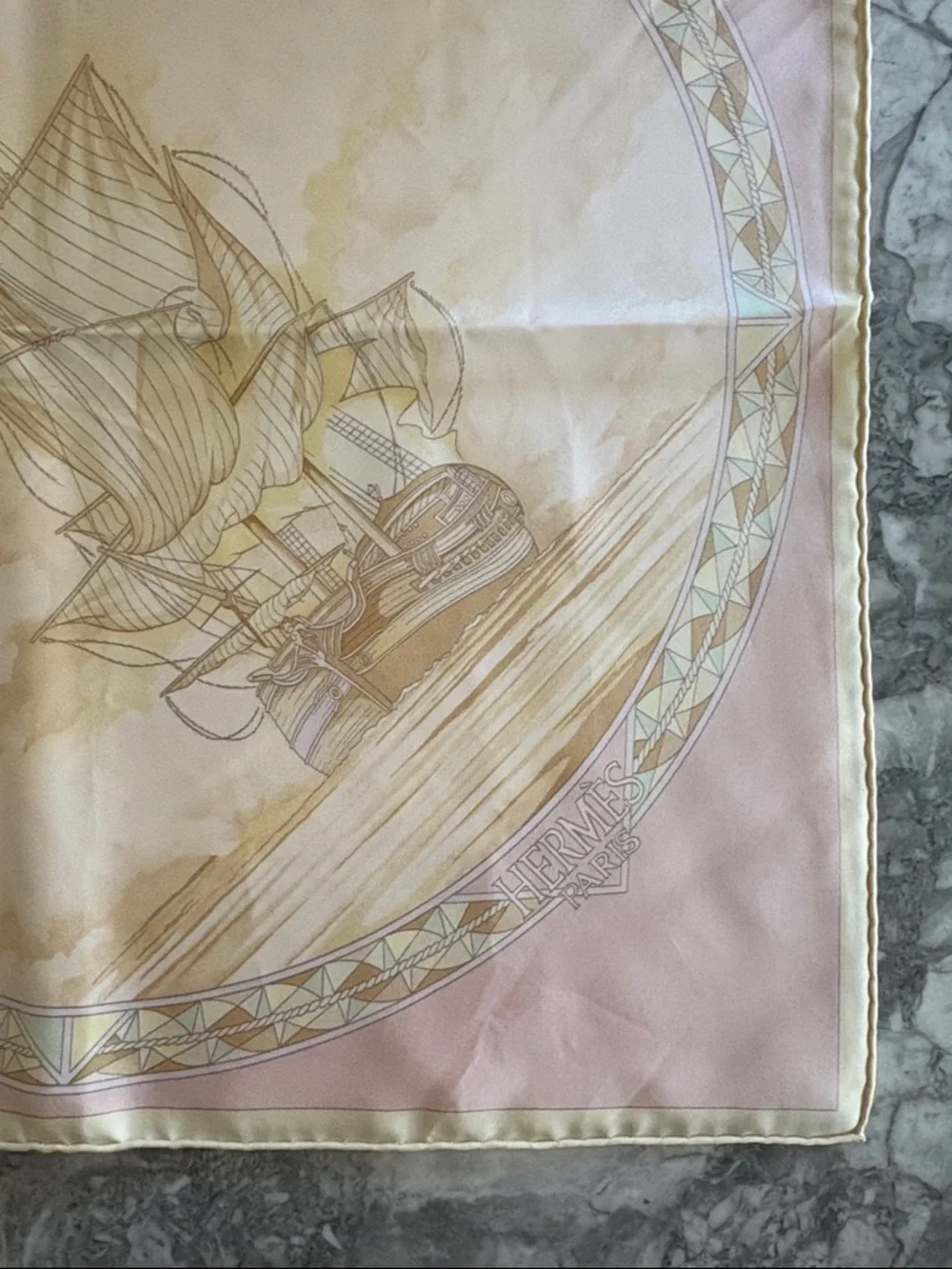 Vintage Hermès Frégates Magnifiques Silk Scarf, pastel pink, yellow and brown.